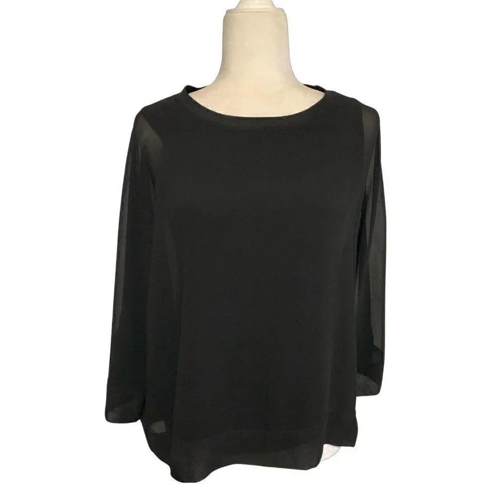 Zara womens solid black long sleeve crew neck top blouse Xs